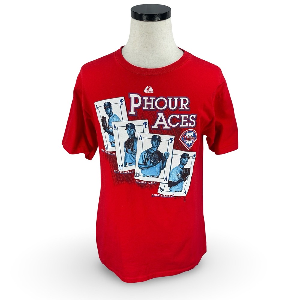 Majestic Philadelphia Phillies Phour Aces Red T-Shirt Mens Medium Halladay Lee